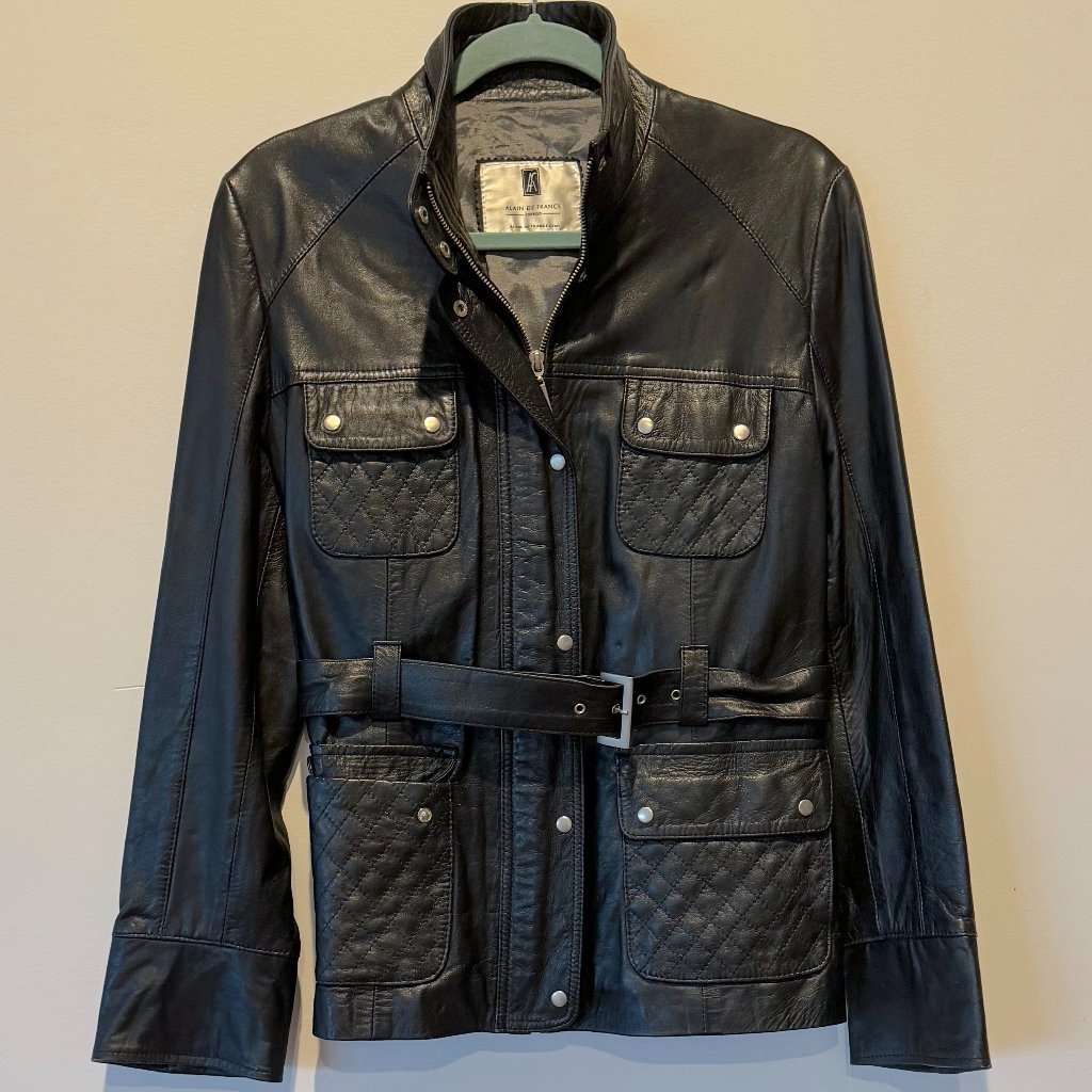 Alain De France 100% Authentic Black Leather Jacket With Quilted Moto Accents
